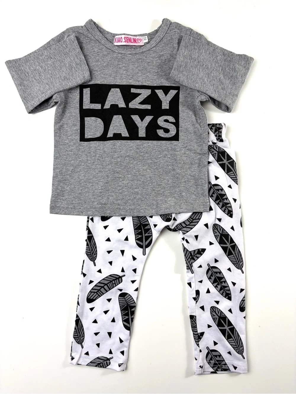 “Lazy Days” 2-pc. Toddler Gray Long Sleeve Top & Feather Print Pants, Sz 12-18m